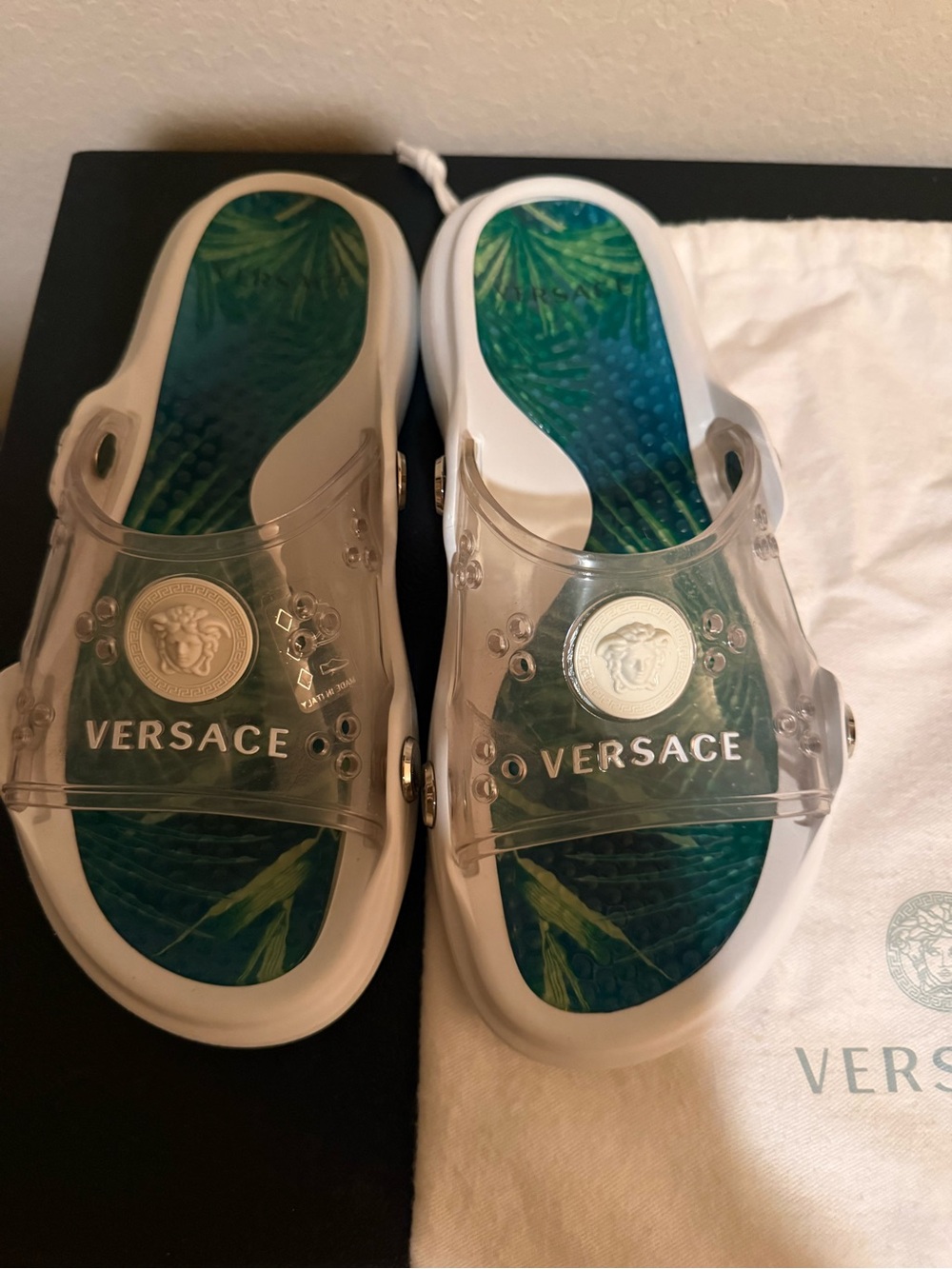 Versace Clear PVC Slide Sandals with Green Teal Footbed